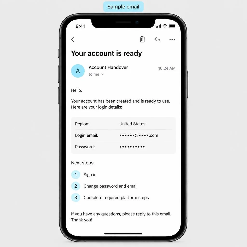 Sample handover email with masked login details